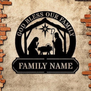 Placa de metal com nome Jesus Deus abençoe nossa família, sobrenome com letra dividida personalizada, placa cristã, cabide de porta externo, monograma de inauguração de casa