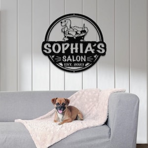 Custom Dog Grooming Hair Salon Metal Wall Art LED Light, Personalized Groomer Name Sign, Pet Grooming Decoration, Home Decor Pet Grooming