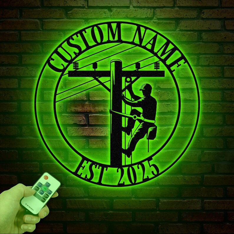 Custom Lineman Metal Wall Art With LED Lights, Personalized Electrical ...