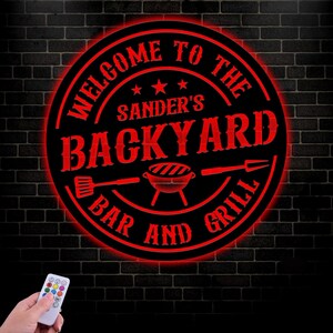Custom BBQ Metal Sign With LED Light, Personalized Backyard BBQ Metal Wall Art, Home Decor Barbecue Decoration Patio Housewarming Birthday