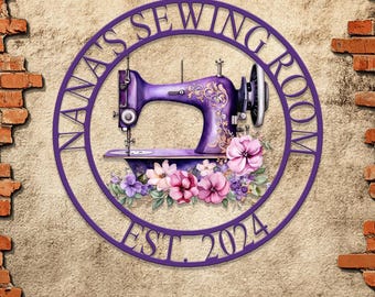 Custom Purple Sewing Machine Sign: Personalized Quilting Sign for Sewing Room Decor, featuring a Sewing Machine with Flowers.