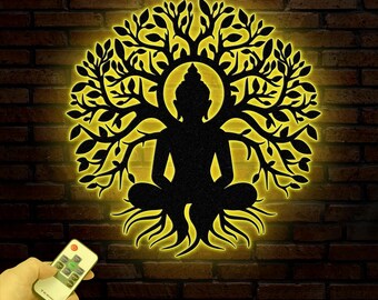 Buddha Metal Wall Art, Buddha Tree of Life, Zen Wall Art, Buddha Wall Decor, Buddha Om Metal Sign, Meditation Decor Gift, Yoga Studio Gift