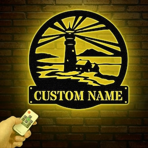Custom Lighthouse Metal Sign with LED Light, Personalized Light House Name Sign, Nautical Beach House Decoration, Xmas Gifts