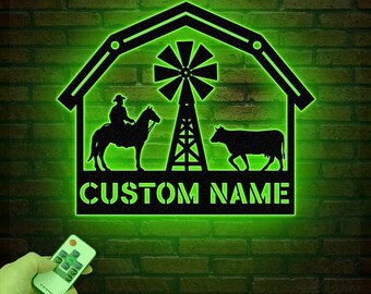 Personalized Farmhouse Metal Sign with Led Lights, Custom Metal Farm Wall Art, Farm Name sign, Metal Barn Sign, Farmer Gift, Christmas Gift