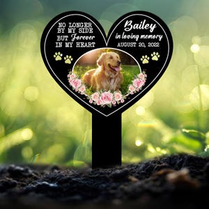 Custom Pet Photo Heart Memorial Stake: Personalized grave marker, photo tribute plaque for bereaved dog owners.