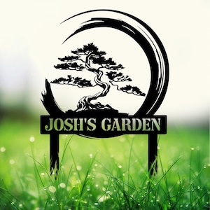 Personalized Bonsai Tree Garden Sign with Stake, Custom Metal Garden Stake, Asian Yard Art, Metal Yard Decor, Garden Sign