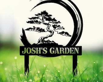 Personalisiertes Bonsai-Baum-Gartenschild mit Pfahl, kundenspezifischer Metallgarten-Pfahl, asiatische Yard Art, Metall-Yard-Dekor, Gartenschild