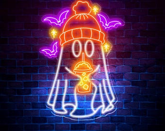 Ghost Coffee Neon Sign, Spooky Boo Sign, Ghost with Coffee LED Light, Spooky Wall Art, Ghost Drinking Coffee Sign, Fall Coffee Lover LED