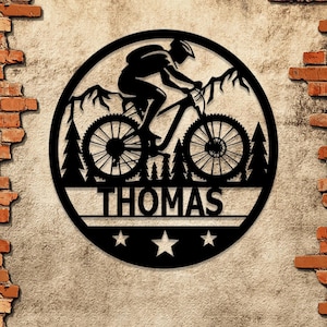Custom LED Mountain Biker Metal Wall Art, Personalized Name Sign, Mountain Bike Decor for Outdoor Enthusiasts, Cycling Gift, Adventure Decor