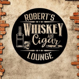 Custom Cigar Lounge Metal Sign with LED Light – Personalized Whiskey & Smoke design. Ideal decor for home bars or man caves!