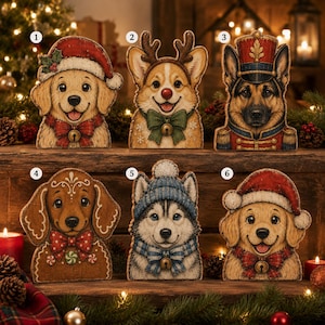 May include: Six wooden dog ornaments numbered one through six. The collection features a golden retriever in a Santa hat, a corgi with reindeer antlers, a German shepherd in a nutcracker uniform, a dachshund, a husky in a winter hat, and a golden retriever.
