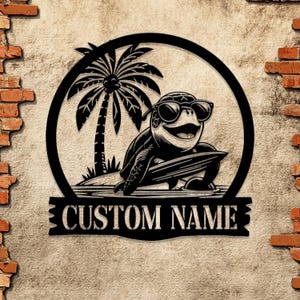 Custom Sea Turtle Surfing Sign: LED-lit, personalized beach sign with family name. Perfect for outdoor decor, weddings, and unique gifts.