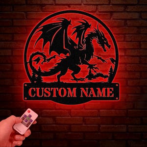 Custom Dragon Metal Art with Led Light, Dragon Name House Sign, Dragon Metal Sign, Boy Room Decor, Dragon Lover Gift, Gaming Room Decor