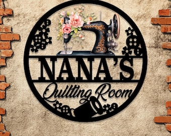 Personalized Floral Nana Sewing Room Metal Sign: This custom quilting sign is perfect for sewing room decor.