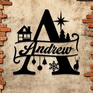 Letrero metálico navideño personalizado con inicial - Decoración personalizada con nombre. Regalo familiar perfecto, decoración navideña con letras. Ideal para regalar en las fiestas.
