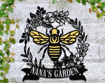 Personalized Floral Bee Sign, Custom Metal Bee Decor, Custom Garden Sign, Gift for Gardener Bee Keeper, Honey Bee Wall Art, Bee Garden