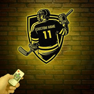 Personalized Ice Hockey Metal Wall Art LED Light, Custom Hockey Player Stick Sign, Home Decor, Sports Wall Art, Gift for Hockey Lovers