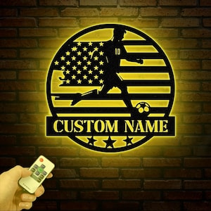 Personalized US Soccer Ball Metal Sign with LED Light - Custom Name Sport Wall Art - Home Decor & Birthday Gift for Soccer Players