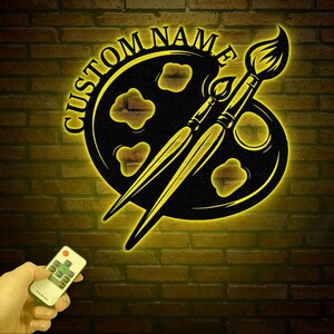 Letrero de estudio de arte personalizado con luz LED, arte mural de metal con pintura personalizada, letrero con nombre de artista, regalo para profesor de arte, regalo para amantes del dibujo
