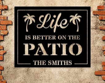 Personalized Patio Sign: Life Is Better On The Patio Metal Wall Art. Perfect gift for outdoor lovers adds charm to any patio.