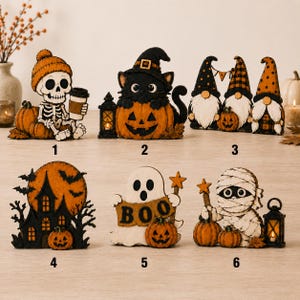 Vintage Halloween Wooden Block Set, Coffee Skeleton, Pumpkin Cat, Witch Gnomes, Haunted House, Boo Ghost and Mummy