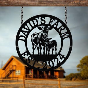 Custom Metal Farm Sign with Cow and Calf – Personalized Farm Name Sign – Ranch Decor with Year Established – Durable Outdoor Metal Sign