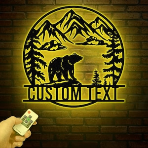 Personalized Wilderness Bear Cabin Sign with LED Lights, Mountain Metal Bear Decor, Rustic Outdoor Cabin Sign, Custom Bear Door Decor