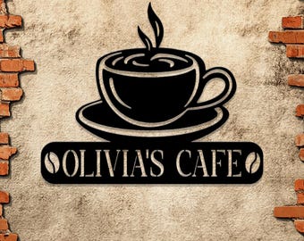 Personalized Coffee Shop Sign Custom Cafe Wall Decor Metal Art Kitchen Restaurant Business Name Wooden Plaque Gift Coffee Lover Home Decor