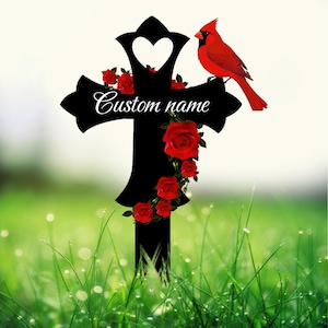 Custom Cardinal Cross Memorial Plaque Stake, Cardinal Name Sign, Grave Marker Sign, Sympathy Plaque, Garden Metal Stake, Sympathy Gift
