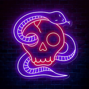 Custom Skull Head Neon Sign with Snake - Handmade Neon Light Art, Personalized Wall Decor, Aesthetic Gifts for Home or Room Decoration