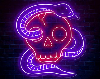 Custom Skull Head Neon Sign with Snake - Handmade Neon Light Art, Personalized Wall Decor, Aesthetic Gifts for Home or Room Decoration