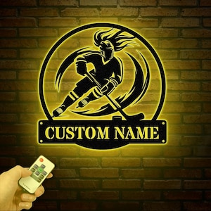 Personalized Girl Ice Hockey Metal Wall Art LED Light, Custom Hockey Player Stick Sign, Sports Wall Art, Gift for Hockey Lovers