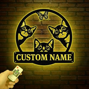 Kundenspezifisches Katzenschild mit LED-Leuchten - Personalisierter Katzennamen-Türschild - Metall-Willkommensschild & Katzenliebhaber Geschenk