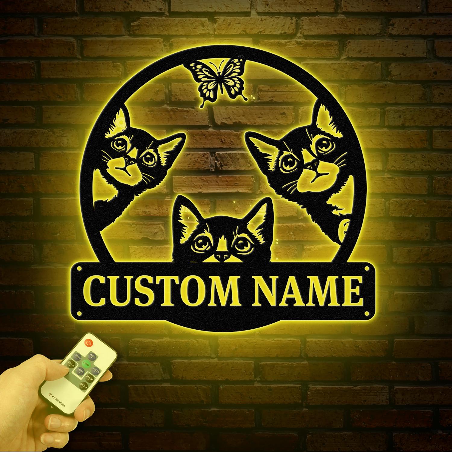 Custom Cat Sign with LED Lights - Personalized Cat Name Door Hanger - Metal Peeking Cat Wall Art - Kitten Welcome Sign & Cat Lover Gift