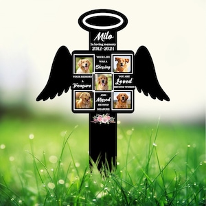 Custom Pet Photo Angel Memorial Stake: Personalized grave marker, photo tribute plaque for bereaved dog owners.