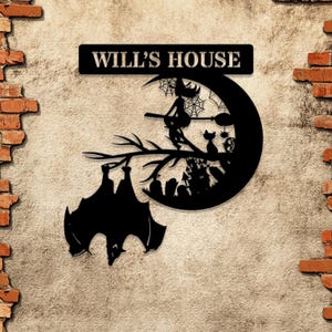 Personalized Witch on Broomstick & Bat Metal Wall Art | Moon and Witch Halloween Sign | Custom Metal Decor | Spooky Entryway Gift