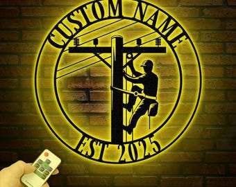 Custom Lineman Metal Wall Art with LED Lights, Personalized Electrical Worker Name Sign, Gift for Lineman, Christmas Gifts, Dad Gifts