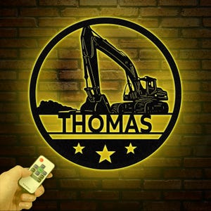 Custom Excavator Driver Metal Wall Art LED Light, Personalized Excavator Name Sign, Nursery Sign, Construction Decoration, Gift For Him