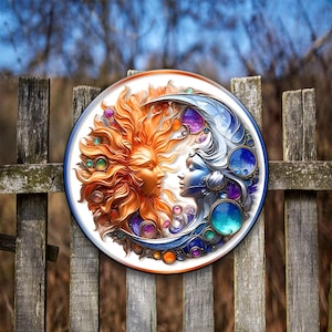 Glass Effect Metal Sign - Sun and Moon Yin Yang Wall Art, Celestial Round Metal Decor, Spiritual Home Gift, Sun and Moon Wreath Sign