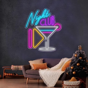 Letrero de neón para discoteca con copa de cóctel - Decoración de pared con luz LED para bar, pub, restaurante, negocio