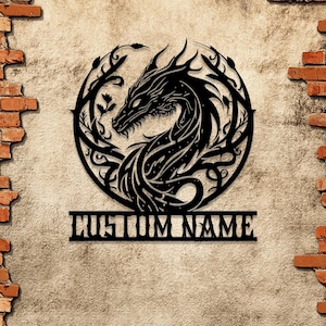 Custom Dragon Metal Art with LED Light: Personalized Dragon Name House Sign. Great gift for dragon lovers, perfect for boys&#39; rooms.