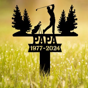 Personalized Golfing in Heaven Memorial Stake: Custom metal sign for golfer dads. Ideal sympathy gift for graves or gardens.