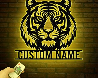Personalized Tiger Head Metal Sign with LED Light - Tiger Lover Name Sign - Wild Animal Wall Art - Home Decor & Wildlife Gift
