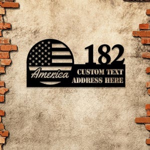 Personalized US Flag Metal Address Sign | House Number Hanging Plaque | Patriotic Wall Art | Perfect Gift for New Homeowners & Housewarming