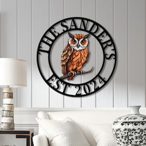 Custom Owl Metal Sign, Personalized Outdoor Owl Decor, Wildlife Metal Wall Art, Rustic Family Name Sign, Woodland Themed Metal Wall Sign