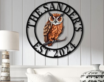 Custom Owl Metal Sign, Personalized Outdoor Owl Decor, Wildlife Metal Wall Art, Rustic Family Name Sign, Woodland Themed Metal Wall Sign