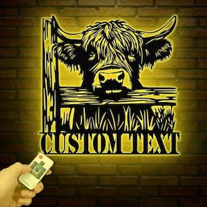 Custom Peeking Highland Cow Metal Sign with Led Light, Highland Cow Metal Wall Art, Personalized Peeking Highland Cow Farm, Farmhouse Decor