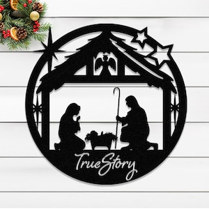 True Story Nativity Metal Sign: Perfect for Christmas decor, religious wall art gift. Ideal for celebrating the true meaning of Xmas.