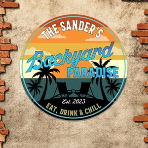 Custom Retro Poolside Paradise Sign Perfect For Your Backyard Pool Add a personalized touch to your swimming pool decor.