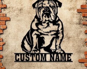Personalisierte Englische Bulldogge Metallschild mit LED-Leuchten. Vervollkommnen Sie für Hundeliebhaber, Familiennamendekor, Hundemütter und einzigartige Geschenke